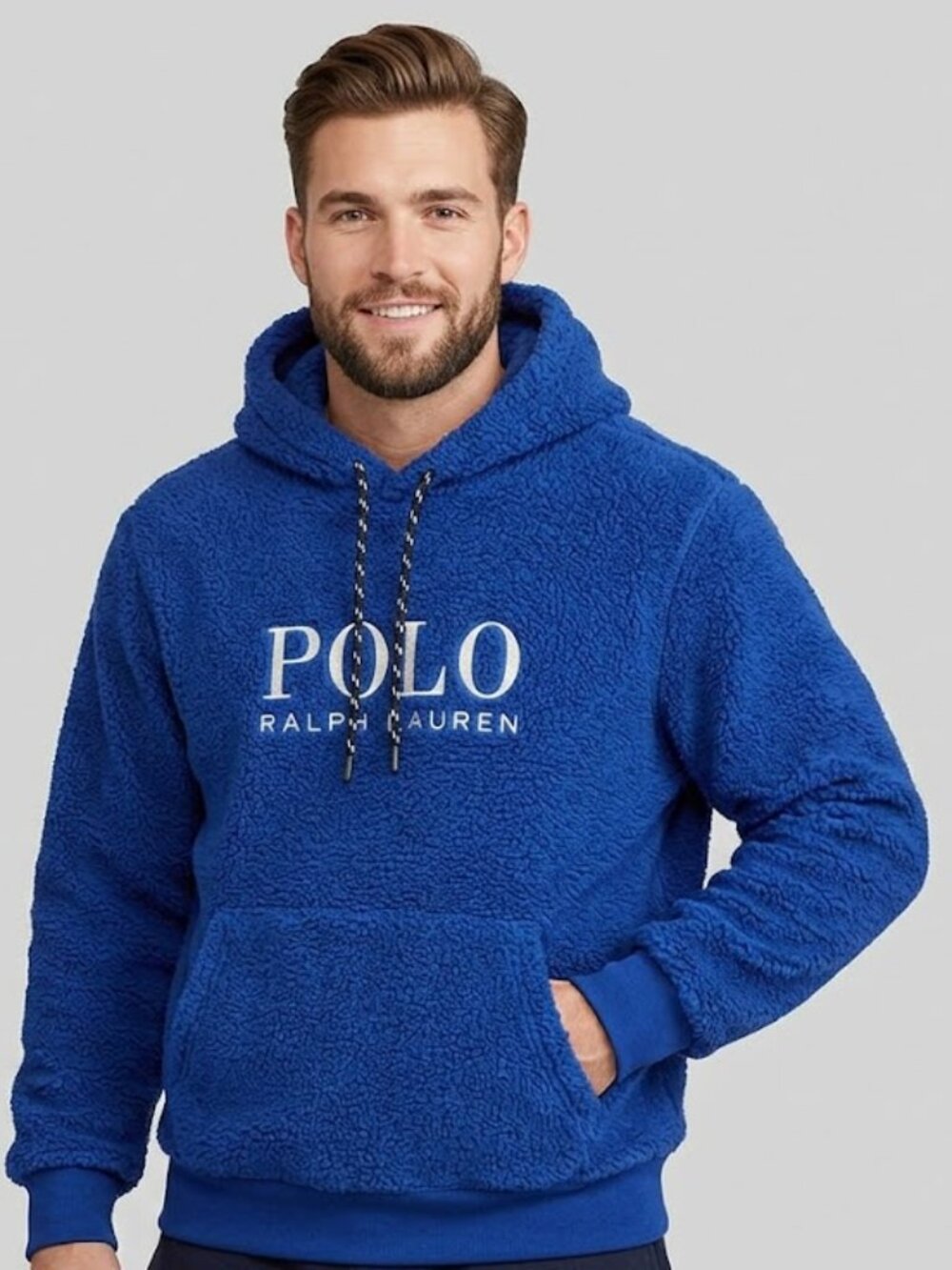 Ralph Lauren Logo Pile Fleece Hoodie Royal Blue Size Medium Men